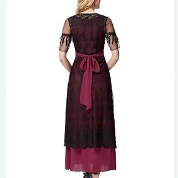 Belle Poque Dress S Burgundy Black Lace Overlay Midi Gothic Dark Romantic Vamp - Picture 3 of 12